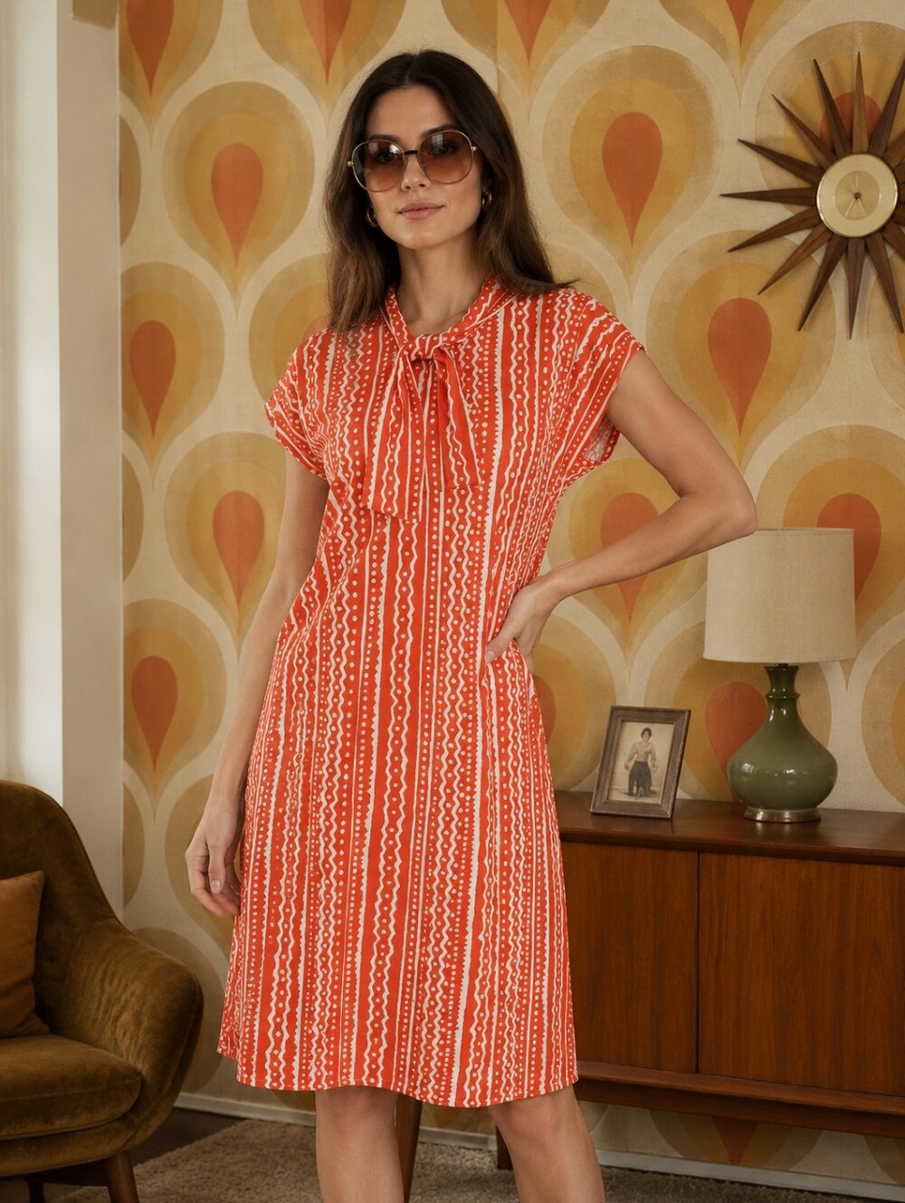 Vintage Red Stripe Tie-Neck Dress